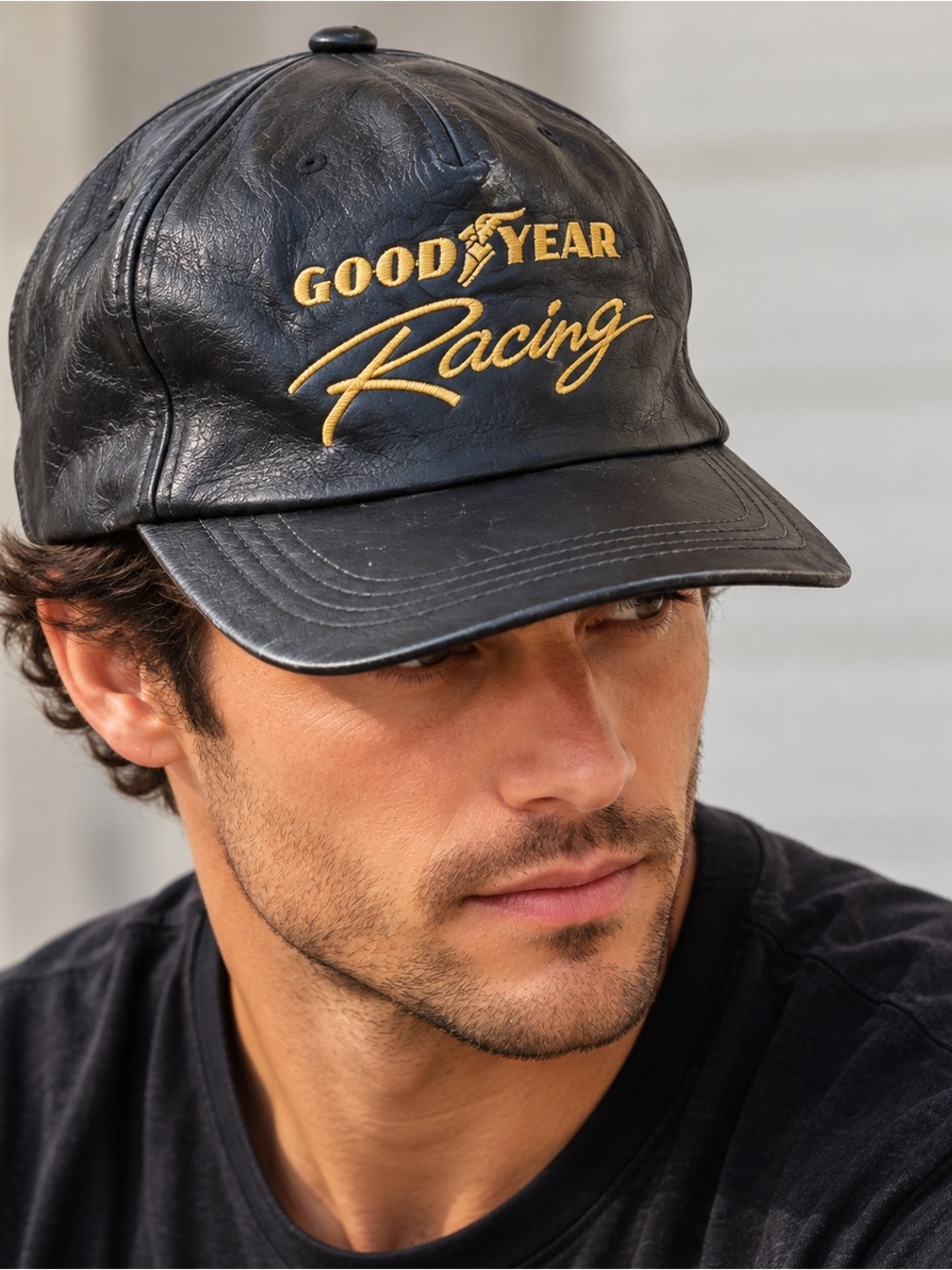 Vtg Good Year Racing Hat Cap LEATHER Embroidered Adjustable One Size RARE
